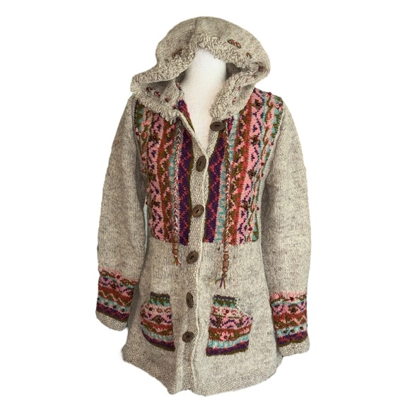 Lost Horizons Hand Knit Embroidered Beaded Hooded Wool Chunky Cardigan - M - Picture 2 of 11